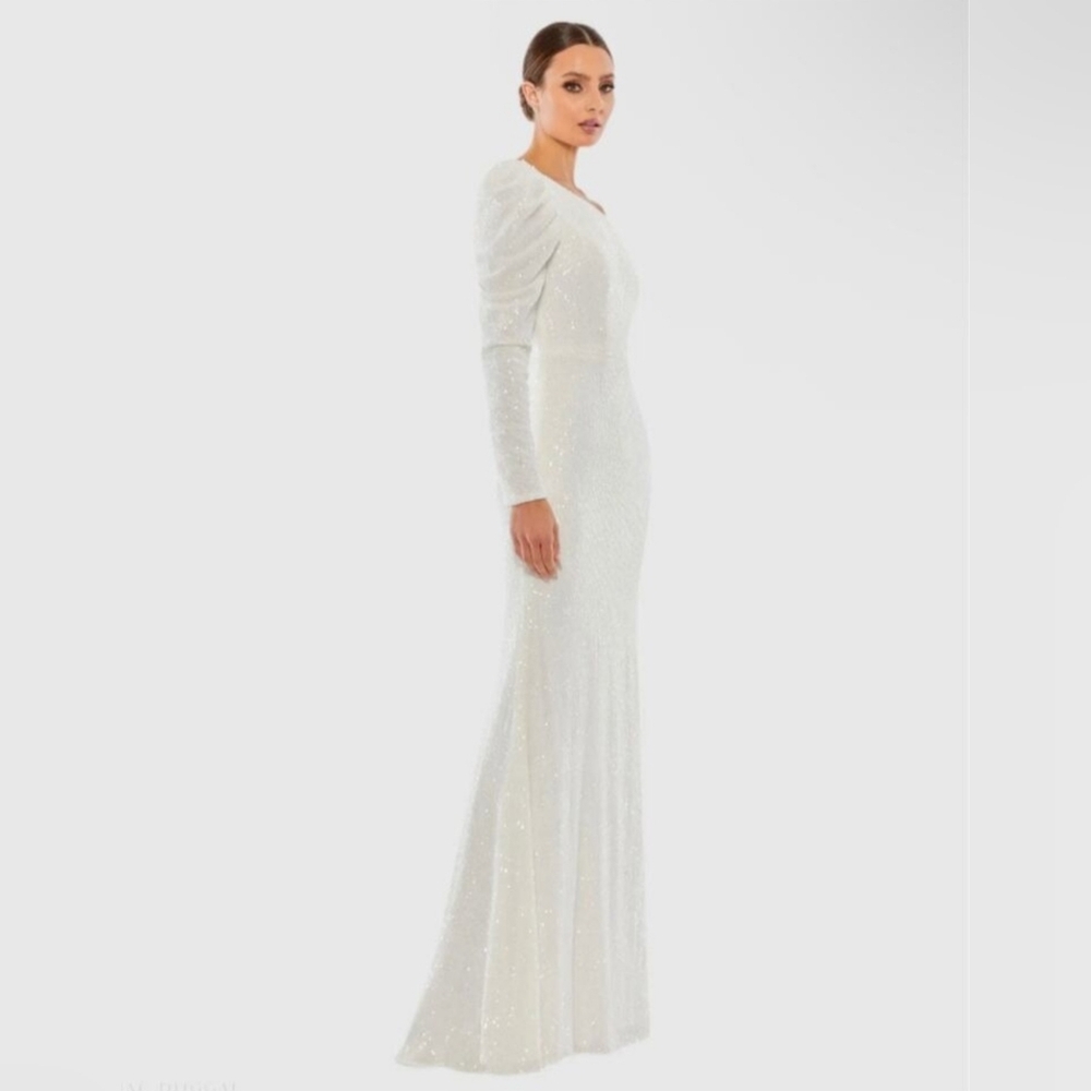 Mac Duggal Sparkling White One Shoulder Triumpet Long Sleeve Dress- HOMECOMING!!